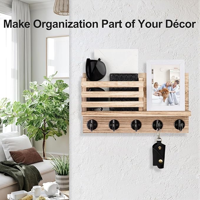 Lwenki Key Holder for Wall – Decorative Wooden Mail Holder and Key Shelf with Mounting Hardware, Installation Guide – Paulownia Wood with 5 Metal Key Hooks (11.8” x 6.7” x 2.8”)