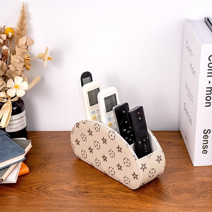Remote Control Holders Organizer Box with 5 Compartment PU Leather Multi-functional Office Desk Storage Caddy Store Tv Remote for Media Player,Brush,Pencil,Glassees&Office Supplies (Begin+BrownF)