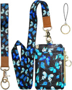 Cute Id Badge Holder with Lanyard,Blue Butterfly Teacher Lanyards for Id Badges and Keys,Identity Id Badge Holder Case, Nurse Doctor Office School Teacher Name Credit Card Pocket