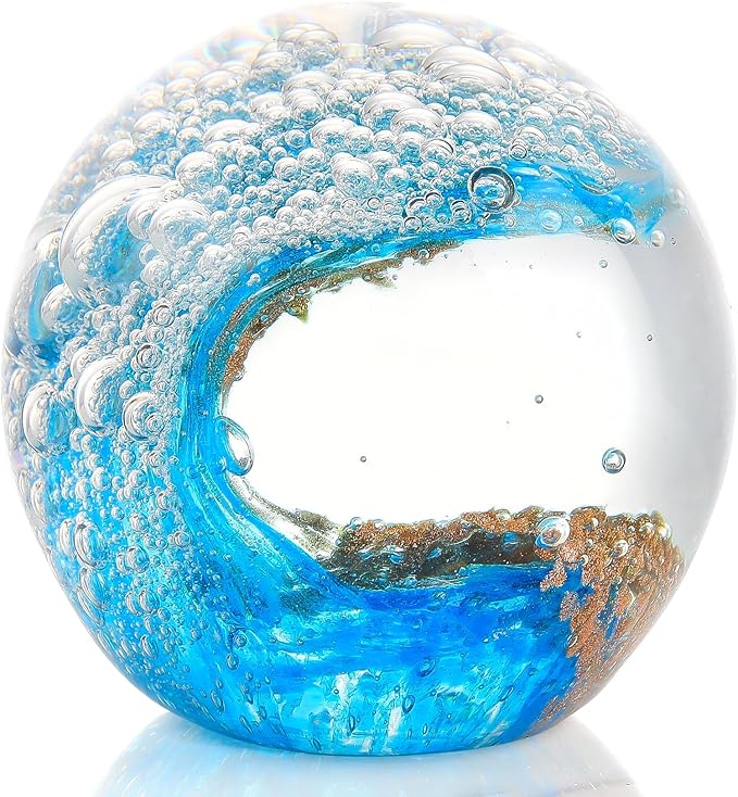 Glass Ocean Waves Ball Paperweight, Hand Blown with Blue, Gold & White Bubble Decoration for Home and Office