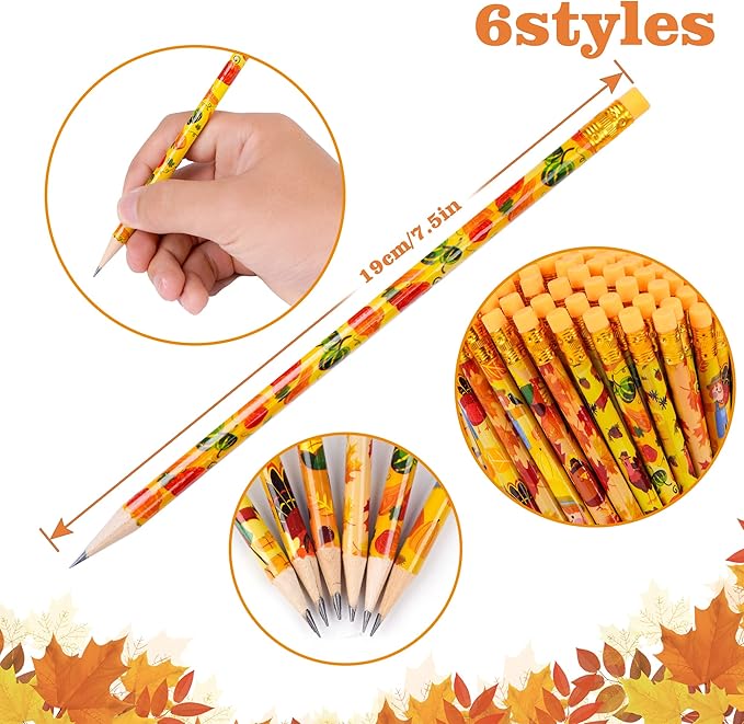 Kolewo4ever 100 Pieces Thanksgiving Pencils Assortment Cylinder Wood Pencil Maple Leaf Autumn Turkey Pencil For Thanksgiving Pumpkin Autumn Gift,6 Styles