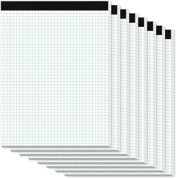 Zaviko Graph Paper Pads 8.5 x 11, 8 Pack, 4x4 Quad Grid Paper Pad 8-1/2" x 11", White Quadrille Pad, Easy Tears Off Design, Grid Notebook 8-1/2 x 11, White 70 GSM Graft Paper, 30 Sheets/Pad
