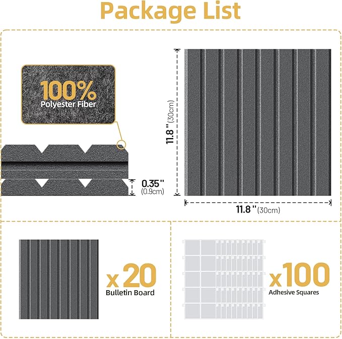 Large Cork Board for Wall 48" x 60" Black Bulletin Board with Safe Removable Adhesive Squares for Pictures Photos, Alternative CorkBoard Felt Pin Boards Tiles for Office Classroom Wall Decor - 20 Pack