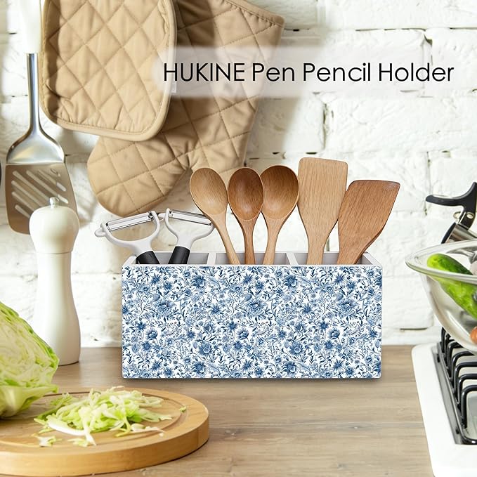 HUKINE Blue and White Chinoiserie Floral Pen Holder for Desk Decoration, Vintage Blue Toile De Jouy Flower Wooden Box Sign Pencil Holder Organizer for Home Office Desk Accessories