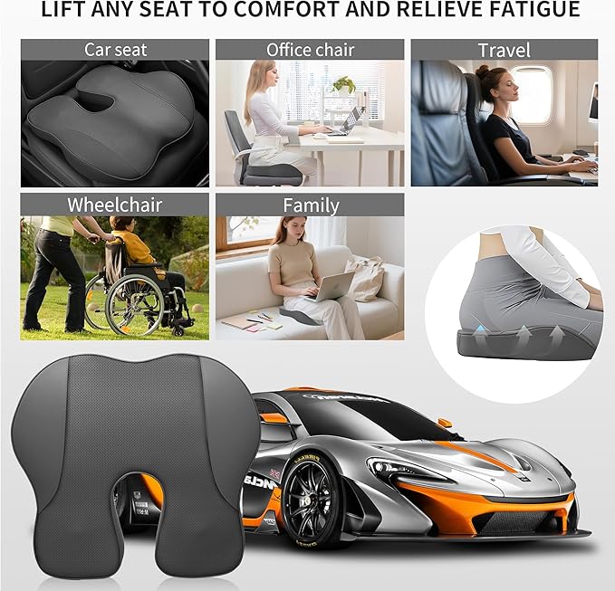 EARJIA Memory Foam Seat Cushion for Office Chair Seat Cushions for Long Sitting Tailbone Pain Relief Anti-Slip Bottom & Removable Leather Cover for Car Gaming Work