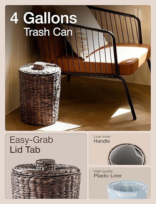 Tidita 4 Gallons Wicker Waste Basket - Water Hyacinth Bathroom Trash Can - Garbage Can with Lid Boho Style - Wicker Trash Can with Lid for Bedroom, Kitchen - Removable Liner (Black Color)