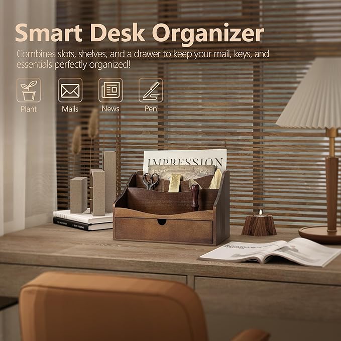 Rebee Vision Pine Wood Mail Organizer for Desk - Retro Farmhouse Mail Holder with Drawer & Dividers - 4-Slot letter paper & Jewelry Sorter, Countertop Mail Organizer for Office Decor(Brown)