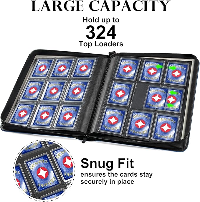 GEAoffice Top Loader Binder Holds 324 Cards, Side Loading 9 Pocket Card Binder for Toploader 3"×4" Rigid, Premium Archival Safe Card Collection Binder Holder for MTG, TCG, Sports Cards, Blue