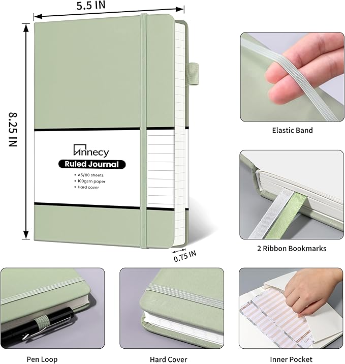 Annecy Lined Journal Notebook, Hardcover Leather Journal for Women & Men, 160 Numbered Pages, Medium 5.5" x 8.25", 100 GSM Thick Paper, Grey Green