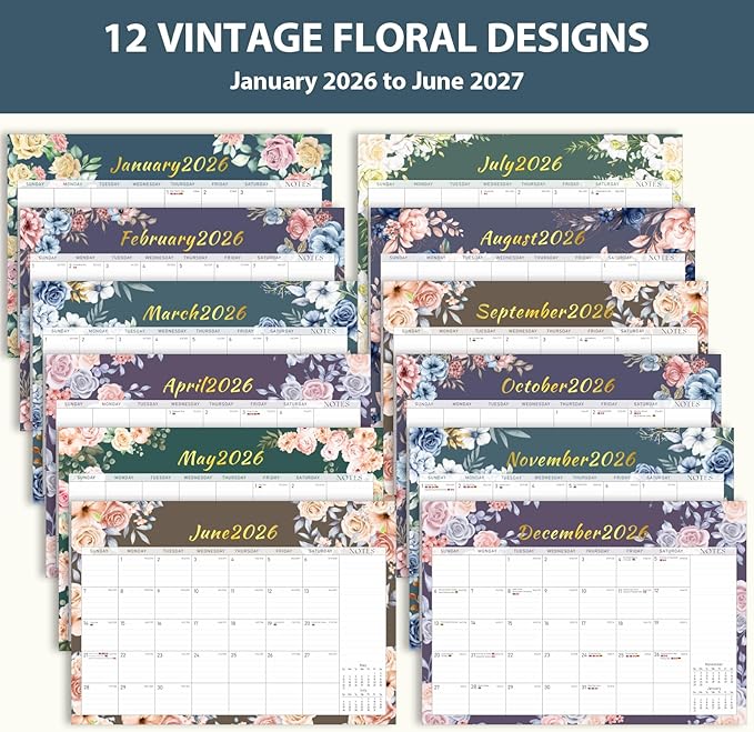 2026 Desk Calendar, 18 Monthly Calendar Runs from January 2026 to June 2027, Large 17" x 12" Desktop/Wall Calendars Easy Scheduling & Notes, Ideal for School, Home and Office - Vintage Floral