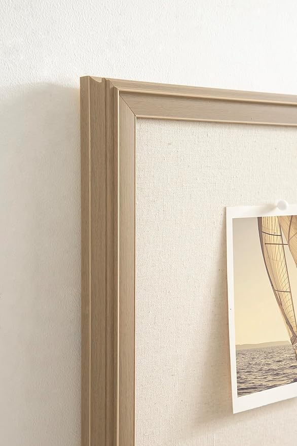 Kate and Laurel Oakhurst Rectangle Framed Linen Fabric Pinboard; 24 x 36; Light Tan; Traditional Decorative Bulletin Board with Stepped Profile and Lightly Distressed Finish