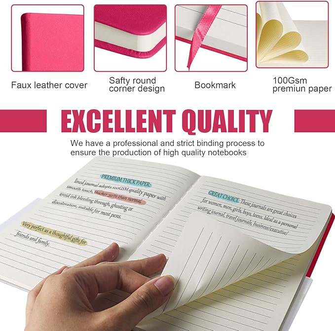 EMOMAS Lined Journal Notebook – Hardcover Notebook for Men & Women – Journals for Writing, Work, School, Home & Daily Notes, 160 Pages – Medium A5, 5.7"x8", 100 gsm Thick Paper (Rose Red)