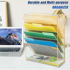 EASEPRES Desk File Organizer Mesh 6-Tier, Hanging Wall Mount Document Organization Stand, Desktop Vertical Mail Paper Folder Holder Rack with Bottom Tray for Office Home Cubicle Countertop, Gold