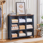 Joaxswe 9 Cube Bookcase, Farmhouse 47 Inch Wide Navy Blue Bookshelf, Wooden 3 Tier Display Large Open Book Shelf, Vintage Horizontal Book Case for Home Office, Cubby Storage Cabinet for Living Room