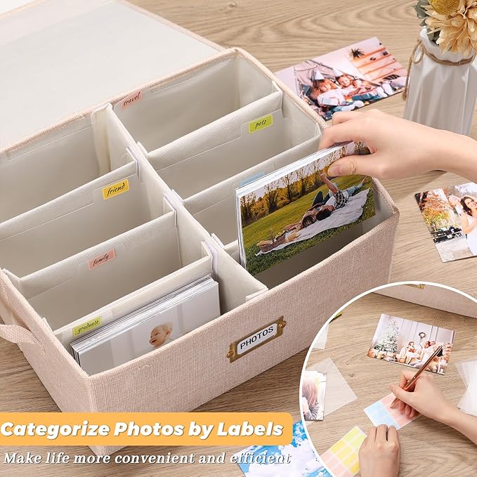 Erogeen Decorative Photo Storage Box with lid 4x6, 8 Inner Photo Organizer with Dividers, Memory Storage Box for Pictures, Stamps, Keepsakes (Beige)