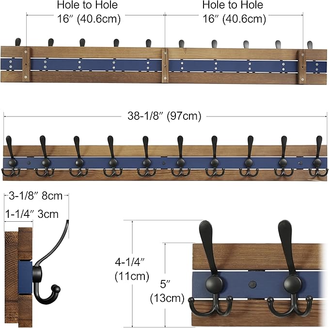 SKOLOO Rustic Coat Rack Wall Mount- 38-1/8" Long Coat Hooks for Wall with 10 Triple Hooks for Hanging Coats, Hats or Tools, Western National Parks Collection, Wood Brown & Blue, Pack of 2