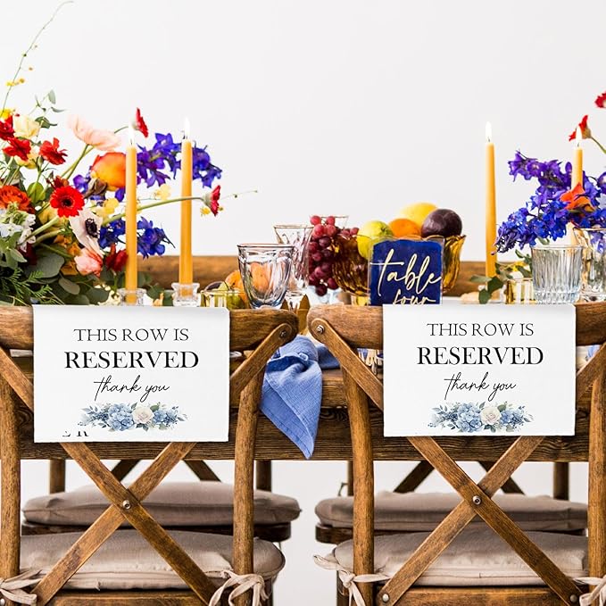 ChissNook Reserved Seating Chair Signs, This Row Is Reserved Pew Cloths Seating Placeholder for Church Pews, Wedding Decorations for Reception Parties Celebrations Event Meetings (Blue Floral, 4 PCS)