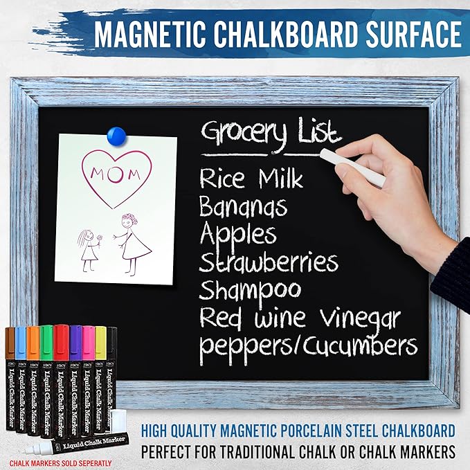 HBCY Creations 18" x 24" Rustic Blue Solid Wood Frame Wall Chalkboard, Magnetic Surface, Home Décor, Restaurant & Café Menus, Blackboard, Includes Chalk, Eraser & Hanging Hardware
