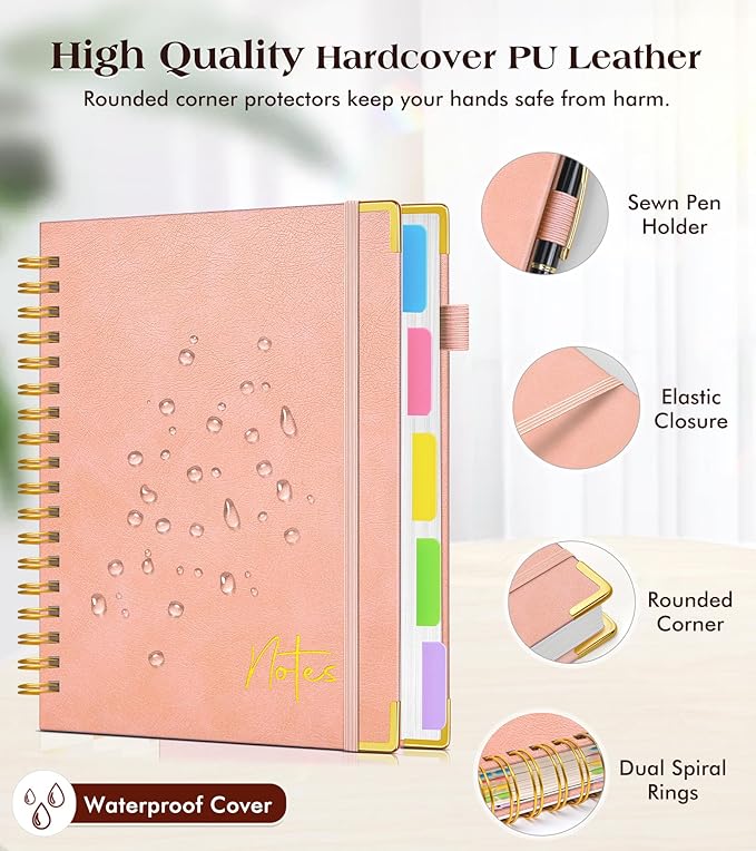 Spiral Notebook Journal with Removable Dividers Tabs, 300 Pages Hardcover Leather 5 Subject College Ruled Notebook, 8"x10" Large B5 Lined Journal for Women Men, Spiral Notebooks for Work School, Pink