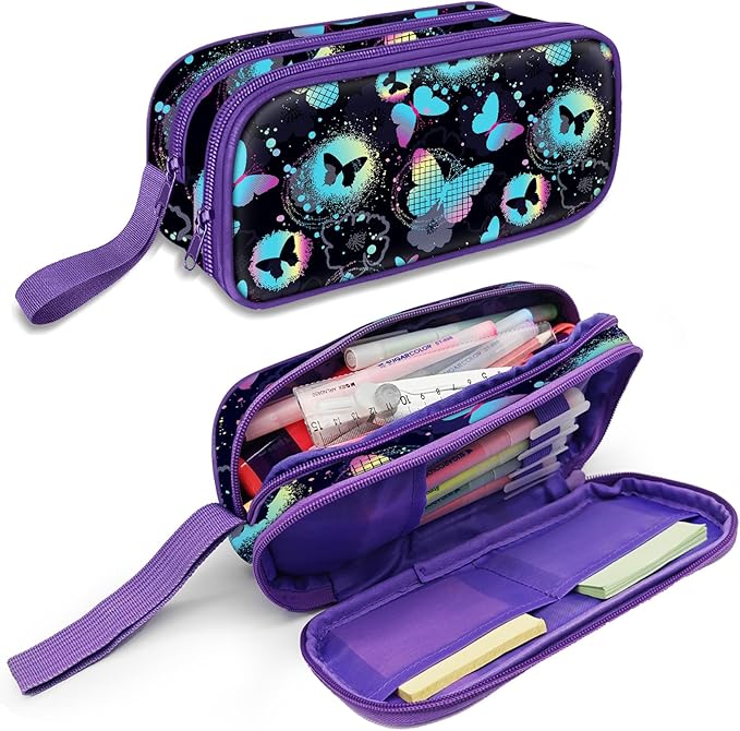 Cute Pencil Case for Girls, Large Girls Pencil Pouch for School Supplies, Portable Butterfly Pen Bag, Aesthetic Pen Box with Zipper, 2 Compartments Stationary Organizer for Kids Teens Students Adults