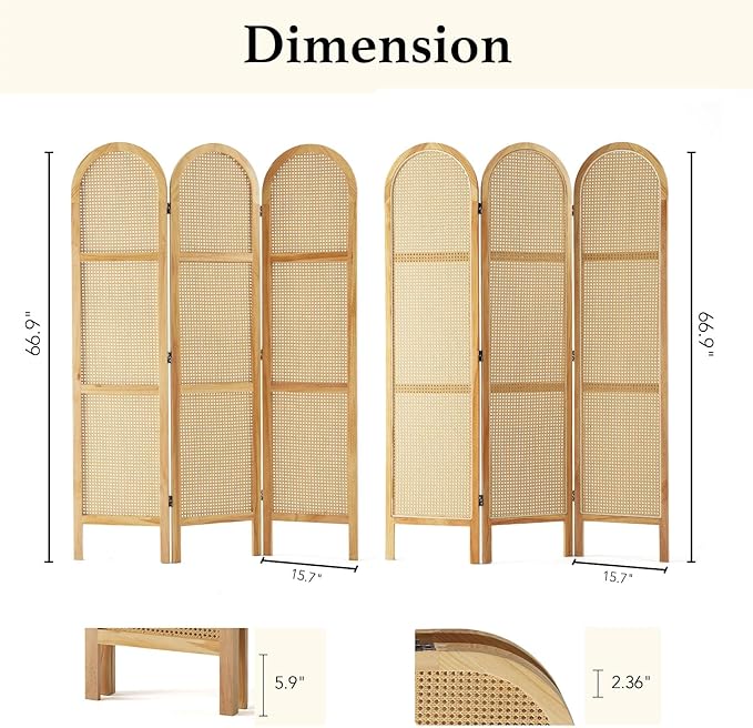 Svimi Room Dividers and Folding Privacy Screens, Pine Wood 5.6 Ft Double Hinged Rattan Partition Freestanding Wall Room Divider for Home - 3 Panels (Natural)