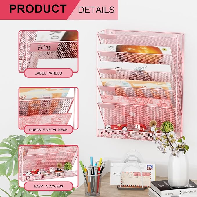 GDINDINFAN Wall File Organizer Holder Mesh Hanging Paper Document Holder, Vertical 6 Pocket Tier for Office Home, Light Pink