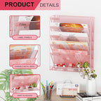 GDINDINFAN Wall File Organizer Holder Mesh Hanging Paper Document Holder, Vertical 6 Pocket Tier for Office Home, Light Pink