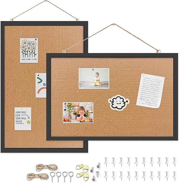 Yunihome Cork Bulletin Board, 13''x18''-2pack Hanging Cork Board Wooden Framed with Pins for Wall, Dorm Room, Office, Home Decor – Natural Cork & Black Frame