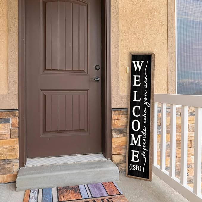 LuZhiQiang Welcome-ish Standing for Front Porch Sign 45"X9" Vertical Tall Long Leaner Outdoor Front Door Welcome Sign Wood Framed Decor (Wood Black)