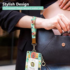 bolimoss Floral Lanyard Wallet, Cute Teacher Lanyards for ID Badges Keychain Wallet,Badge Holder with Zip Pocket, ID Holder Wallet with Neck Wrist Lanyard for Women Nurse Teacher Student (Green)