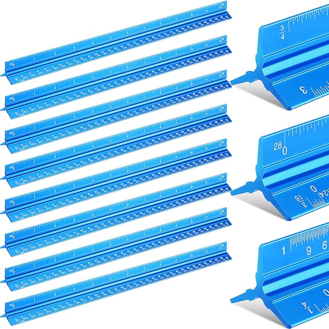 Macarrie 10 Pcs Architectural Scale Triangular Ruler 12" Architect Engineers Scale Ruler Set Aluminum Metal Ruler with Imperial Measurements for Architect Student Draftsman Engineer (Blue)