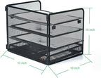 SETTFRFE 4 Tier Mesh Paper Letter Tray,Desk File Organizer with A Sliding Drawer,Office Supplies Desk Organizer for Home Office,Black.