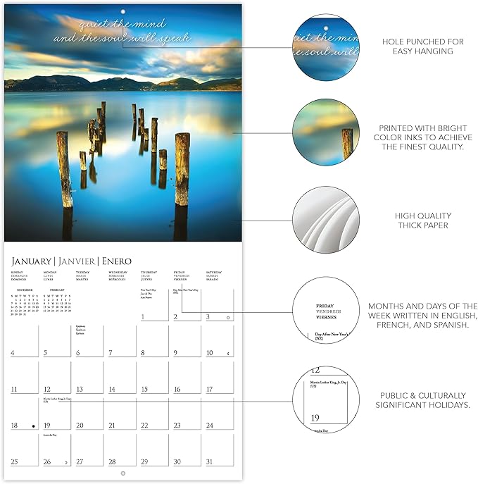 Graphique 2026 Serenity Wall Calendar | 12” x 12” | Thick Paper | Home & Office Organizer | Large Monthly Grid | 3 Languages & Marked Holidays | 4 Month Preview Page for 2027