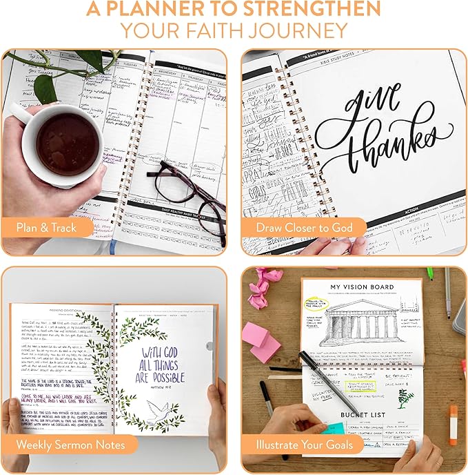 Christian Planner 2026 Daily Planner - Faith Based Monthly and Weekly Planner, Vision Board, and Habit Tracker - 2026 Calendar, Personal Organizer and Devotional Journal (Sprial, Cherry)