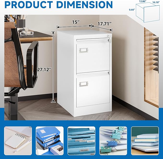 BYNSOE 2 Drawer File Cabinet with Lock Metal Vertical Filing Storage Cabinet Office Home Steel Vertical File Cabinets for A4 Legal/Letter Size Narrow File Cabinet Locked,Assembly Required