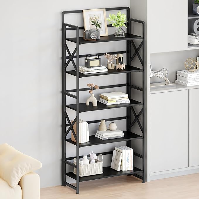 THKKY No Assembly Folding Bookshelf, 5 Tiers Vintage Wood Collapsible Book Shelf for Storage,Industrial Metal Foldable Bookcase Organizer for Living Room Bedroom Home Office (Black)