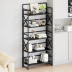 THKKY No Assembly Folding Bookshelf, 5 Tiers Vintage Wood Collapsible Book Shelf for Storage,Industrial Metal Foldable Bookcase Organizer for Living Room Bedroom Home Office (Black)