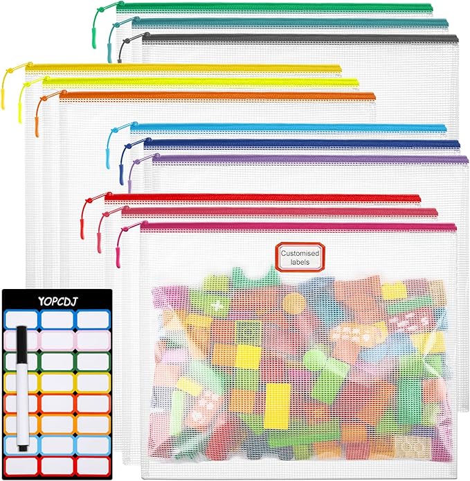 YOPCDJ 12pcs Mesh Zipper Pouch Bags, A4 Puzzle Bag (12 Colors, 12 Packs) for Organizing, Classroom Must Have Storage Bag, File Bags for School, Board Games and Office Supplies