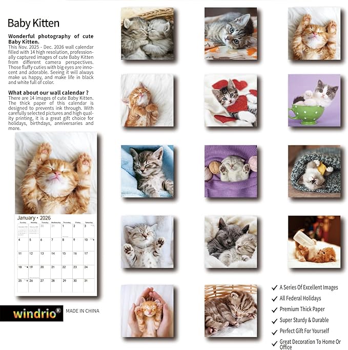 2026 Wall Calendar,Calendar 2026, November 2025 - December 2026, Wall Calendar Baby Kitten, 12" x 24" Opened,Full Page Months Thick & Sturdy Paper for Calendar Organizing & Planning