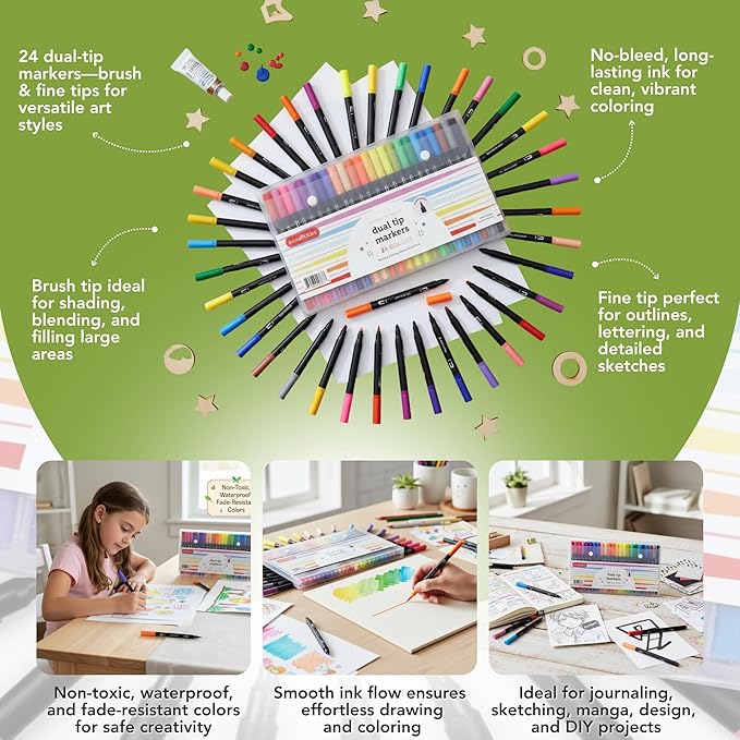 Incraftables Dual Tip Markers (24 Colors) – Adult Coloring, Brush Tip & Fine Tip Markers for Adult Coloring Books, No Bleed Dual Brush Pens