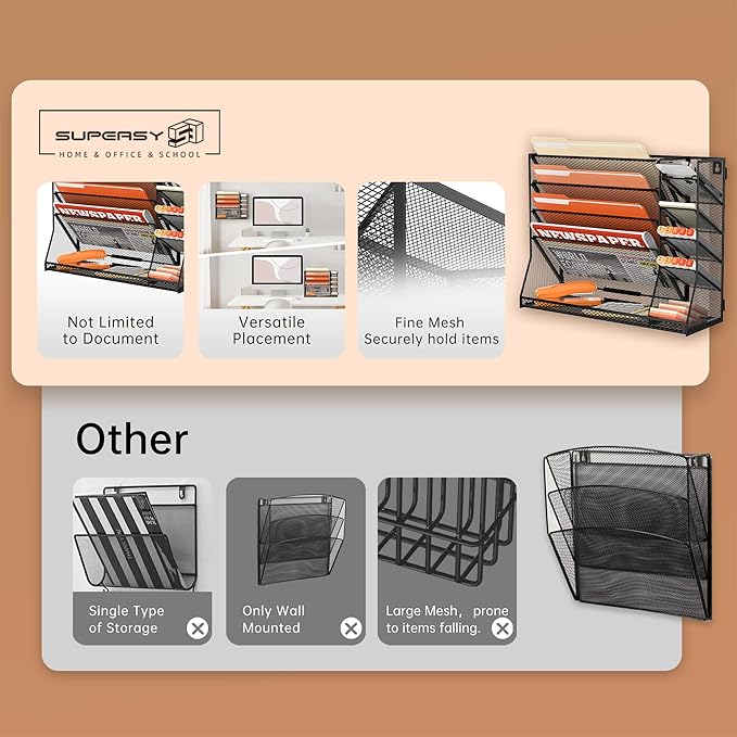 SUPEASY Wall File Organizer, 5-Tier office wall organizer with 4 Pen Holders, Wall Organizer for Office with R-shaped Bottom Tray, Metal Desk Organizer for Office, School, Home, Black