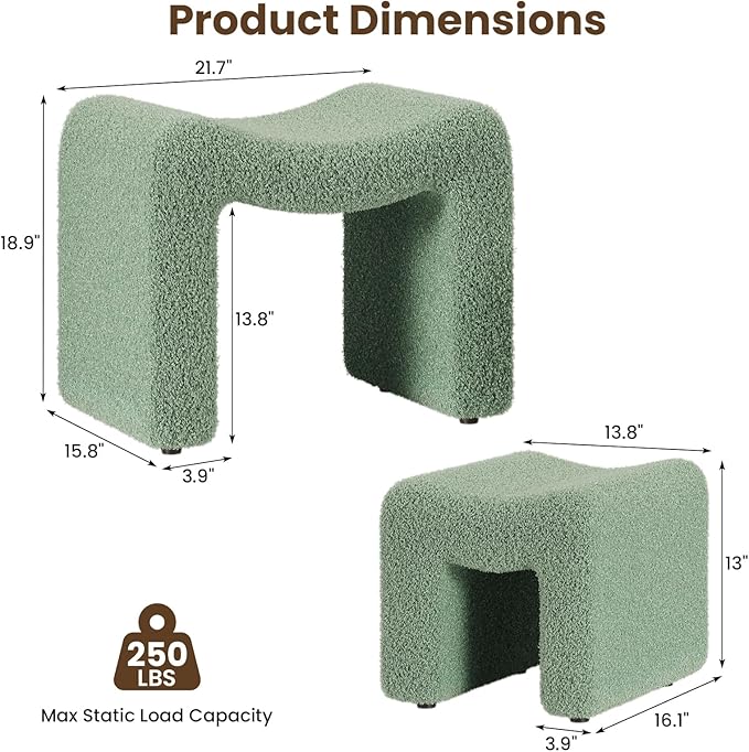 ZYKZYK Ottoman Set of 2, Plush Velvet Vanity Seats with Modern Foot Rest, Backless Stool Pair for Bedroom, Living Room & Makeup Dressing Table (2-in-1) Green