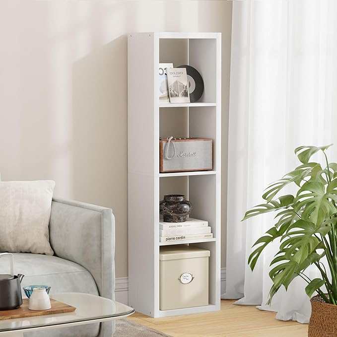 Jpiziso 4 Cube Storage Organizer Single Row, Cube Shelf with Heavy-Duty Thick Boards, 13.31" L x 9.37" W x 48.82" H, Smooth Easy-Clean Panels, Simple Assembly, for Living Room Bedroom Office, White