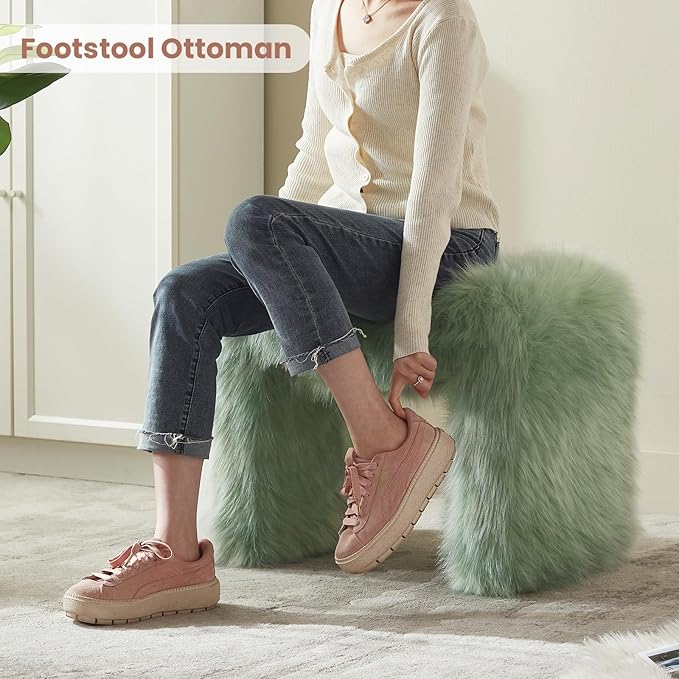 ZYKZYK Modern Vanity Stool Ottoman, Backless Faux Fur Small Footstool for Makeup Room, Living Room, Bedroom, Entryway Portable and Comfortable Seating (Single Piece) Green