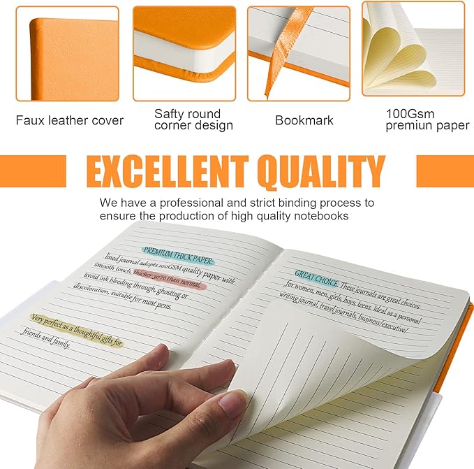 EMOMAS Lined Journal Notebook, 10Pack Hardcover Notebook for Men & Women – Journals for Writing, Work, School, Home & Daily Notes, 160 Pages – Medium A5, 5.7"x8", 100 gsm Thick Paper (Orange)