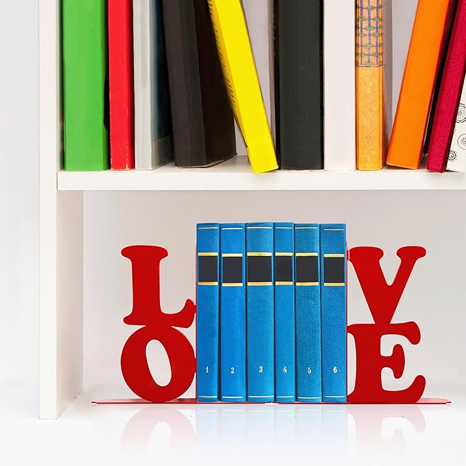 Love Decor Metal Bookends - Novelty & Cute Bookends for Shelves, Unique and Decorative Book Ends (Red)