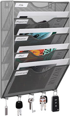 EasyPAG Hanging Wall File Organizer with Key Hooks, 5 Pocket Wall Mounted Mail Organizer, Vertical Folder Holder with Nametag Label, Paper Storage Magazine Rack for Office Home School, Silver