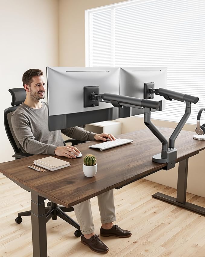 monTEK Dual Monitor Stand Mount with USB for Up to 35" Screens, Each Arm Holds Max 24.25lbs, Full Motion Adjustable Monitor Arm Desk Mount with C-Clamp/Grommet, Space Gray MA1010UCDG-D