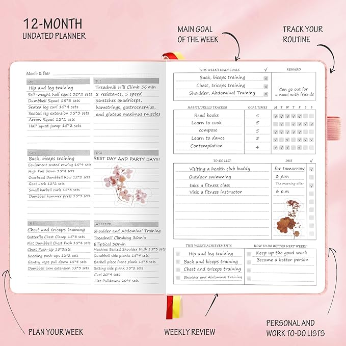 Undated Luxurious Weekly & Monthly Planner to Increase Productivity Hit Your Goals, Organizer Notebook Gratitude Journal Time Management Start Anytime, A5, Lasts 1 Year