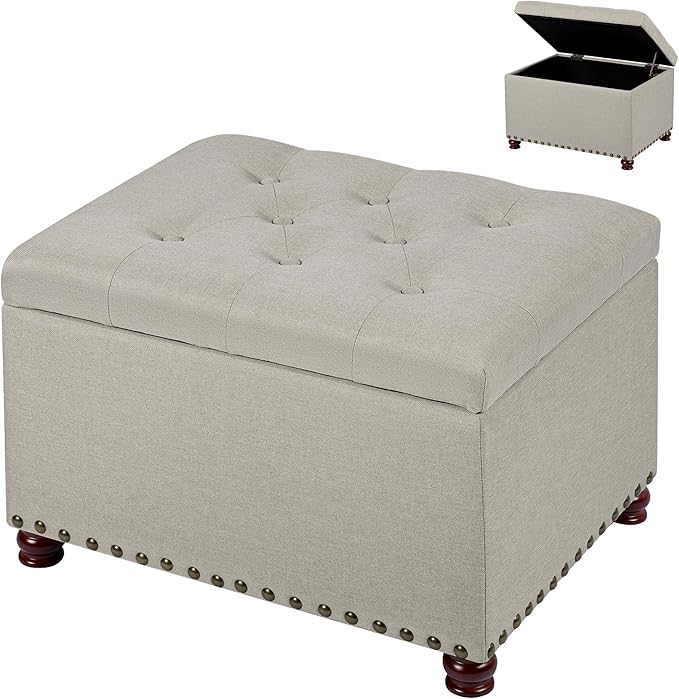 Decent Home Storage Ottoman, 24" Linen Fabric Rectangle Bench Foot Rest Stool, Fabric Footrest Ottomans with Storage, Storages Seats for Living Room, Bedroom, Office